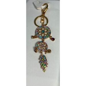 Whimsical Keychain Dreamcatcher Gold Rhinestone Boho Feather Charm Bag Purse New